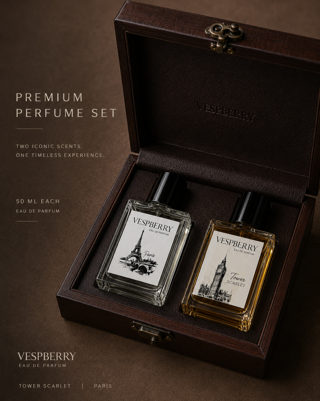 VESPBERRY Luxury Perfume Set Paris & Tower Scarlet 2 x 50ml Long Lasting Fragrance